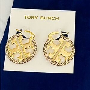 Tory Burch Gold Logo Crystal-Edged Drop Earrings